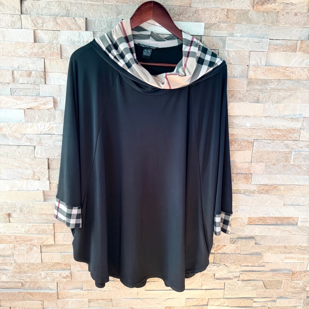 Michael Tyler Black Cowl Neck Plaid Trim Batwing Tunic Top XL Lagen
